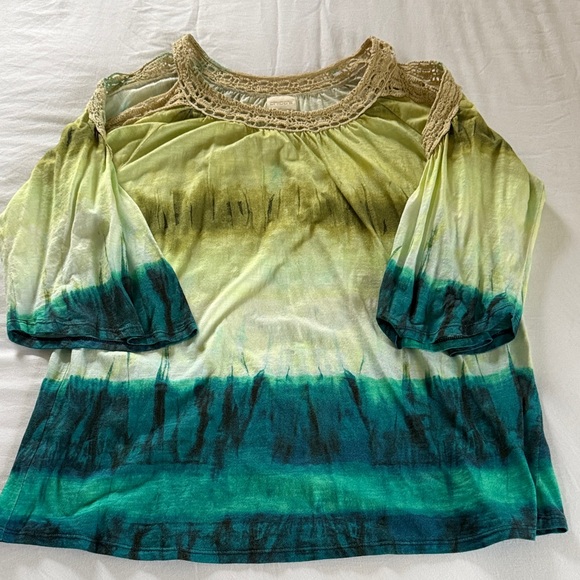 Chico's Tops - Chico's Green Teal Tie-Dye Crochet-Neck Tunic